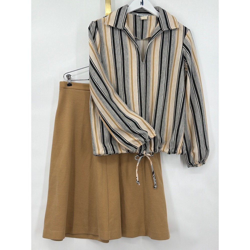 Vtg Striped Top A-Line Skirt Set Camel L Secretary Chic Light Academia 70s Mod